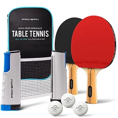 Immagine di PRO SPIN Ping Pong Set da Tavolo Portatile Kit Premium con Rete a Estensibile per Qualsiasi Tavolo, Racchette Pong, Palline e Custodia (Set 2 giocatori)