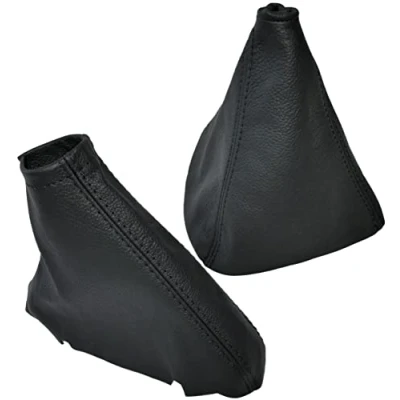 Immagine di Aerzetix C59478 Cuffia per leva del cambio e freno a mano in vera pelle compatibile con BMW Serie 5 E60 E61 2003 2009 colore: nero cuciture nere manuale