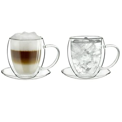 Immagine di Creano Set di 2 Tazze Termica in Vetro a Doppia Parete, Tazza con Manico e Sottobicchiere 250ml Esclusiva Confezione Regalo