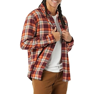 Immagine di Amazon Essentials Camicia in Flanella a Maniche Lunghe (Disponibile Taglie Extra Forti) Uomo, Arancione Bordeaux Motivo Scozzese, S