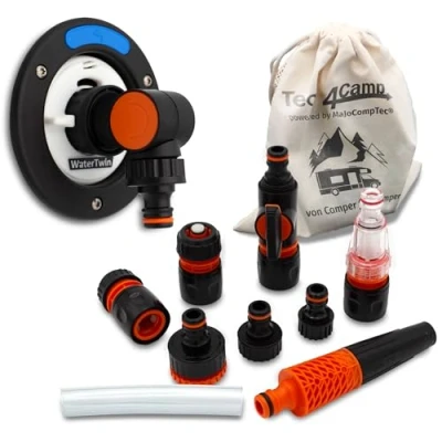Immagine di MaJoCompTec® WATERTWIN Tappo per serbatoio dell&#039;acqua, compatibile con Gardena, filtro rubinetto di intercettazione, accessorio bocchetta riempimento camper (adattatore a 3