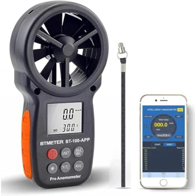 Immagine di BTMETER Anemometro Bluetooth Palmare Professionisti, BT 100APP Digitale Portatile Misuratore di Velocità del Vento con Retroilluminazione LCD+Max/MIN/AVG per Gelido, dell&#039;aria, Temp