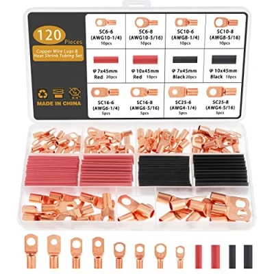 Immagine di Gueenky 120 Pezzi Kit di Terminali Rame 6/10/16/25mm², 8 Taglie M6 M8 Capicorda Tubolari Elettrici ad Anello Batteria SC Occhielli, con Tubo Termorestringente