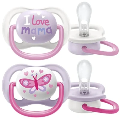 Immagine di Ciuccio Ultra Air Philips Avent, per bambini da 0 a 6 mesi, ortodontico e senza BPA, confezione 2 pezzi, con comoda custodia il trasporto, SCF080/02
