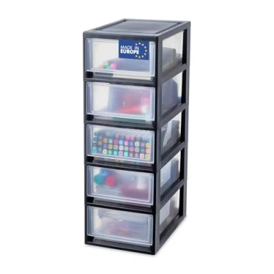 Immagine di Iris Ohyama, Piccolo Cassetto Portaoggetti, Torre Portaoggetti per Ufficio, 7L, 5 Cassetti, Nero, Compatto, Resistente, Impilabile, Bagno, fai da te, Scaffali, Plastica, Cassetto, MSD 1