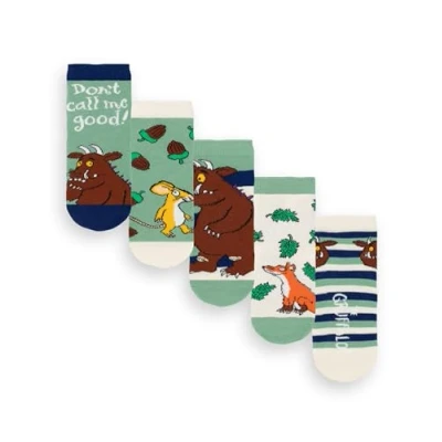 Immagine di The Gruffalo Confezione da 5 calzini per ragazzi Gruffalò Calzature grafiche fiabesche multicolori bambini Pacchetto set di comodi Julia Donaldson Mouse Fox Regalo merchandising