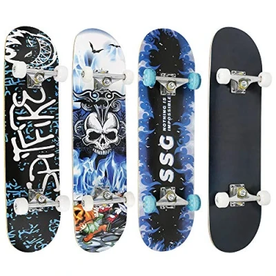 Immagine di Skateboard a 7 strati, Completo,7 Strati di Acero, Concave Skateboard,Cambini,Junior,Principianti, Adulti,Guida Flessibile,Portata 100 kg (79 * 19.5 9.5cm motif crâne)