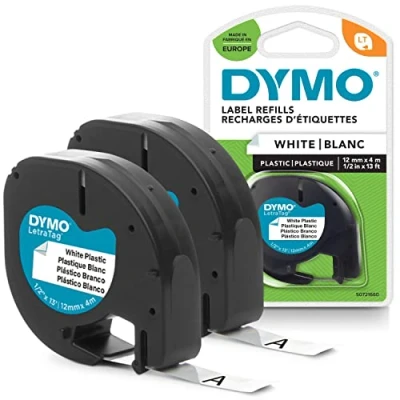 Immagine di Dymo LetraTag etichette originali in plastica rotolo da 12 mm x 4 m stampa nera su bianco LT autoadesive per etichettatrice 2 pezzi