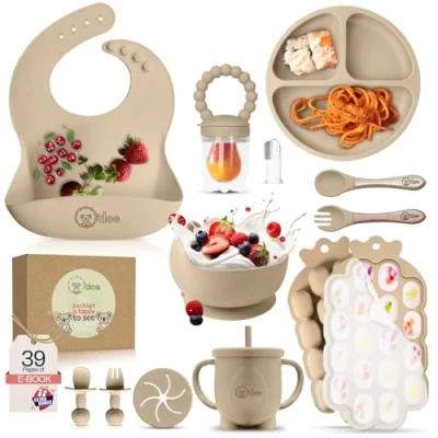 Immagine di O&#039;doe set di 15 pezzi per lo svezzamento a LED bambini, l&#039;alimentazione del bambino, ciotola in silicone con aspirazione, utensili mangiare da soli cucchiai, tazza, bavaglini