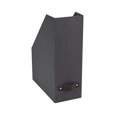 Immagine di Bigso Box of Sweden Porta riviste con maniglia in pelle Raccoglitore ufficio fibra di legno e carta effetto lino Portadocumenti scaffali per riviste, cartelle o giornali nero