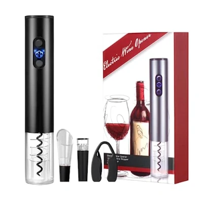 Immagine di Cavatappi Elettrico, Apribottiglie per Vino con Taglierina, Versatore Vino, Tappo Sottovuoto. Acciaio Inossidabile. Funziona 4 Batterie AA (non incluse).