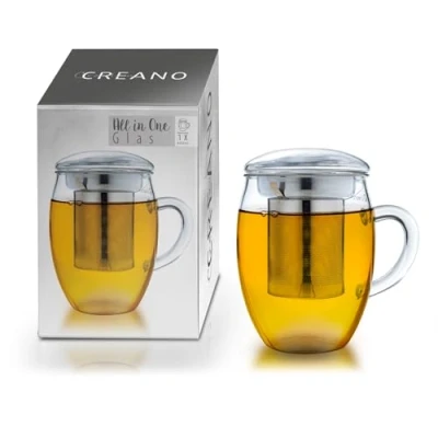 Immagine di Creano Bicchiere da tè Tutto in Uno 400 ml, Grande Tazza con Filtro Acciaio Inossidabile e Coperchio Vetro, teiera Attraente Confezione Regalo Trasparente 1 Pezzo (Confezione 1)