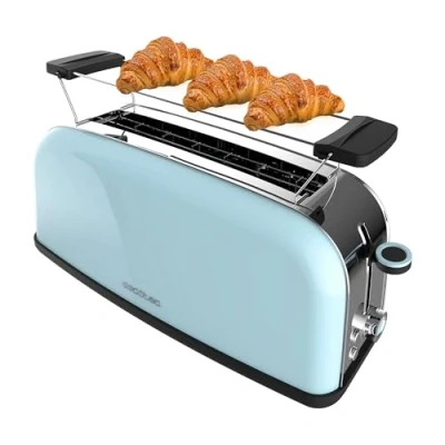 Immagine di Cecotec Tostapane Verticale 1 Slot Lunga Toastin&#039; time 850 Blue Long. W, 2 fette di pane, fessura larga 3,8 cm, supporto per panini e vassoio raccogli briciole, in acciaio inox, blu