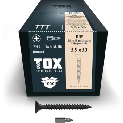 Immagine di TOX Viti per cartongesso DRY FG 3,9 x 30 mm, con calotta montaggio rapido cacciavite a calotta, filettatura fine, su sottostruttura metallica, 1000 pezzi in scatola, 142453253930
