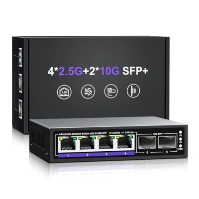 Immagine di 6 porte 2.5G Ethernet Switch non gestito, 4 Base T 2.5Gb + 2 Port 10G SFP+, compatibile con 100/1000/2500Mbps, montaggio su tavolo/parete di rete NICGIGA 2.5Gbe per AP wireless, NAS, PC