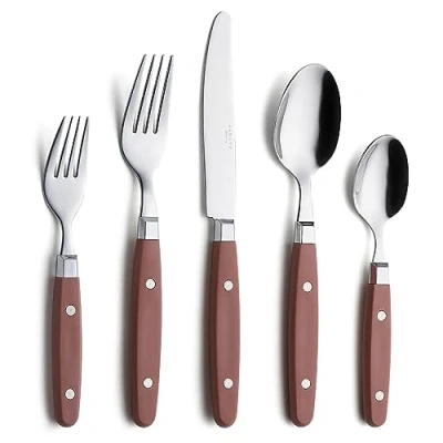 Immagine di Annova, set di posate in acciaio inox con manico colorato rivetto/posate stile retrò (Brown, 20 Pieces)