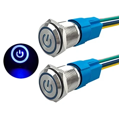 Immagine di Aiqeer 2 Pezzi 16 mm Interruttore a Pulsante Autobloccante, 12V / 24V 5A di Accensione per Auto, in Metallo con Presa Precablata (LED Blu)