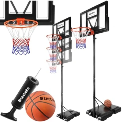 Immagine di tectake® Canestro da Basket Esterno, Struttura Resistente alle Intemperie con Rotelle, Base Riempibile, Incluso Pallone e Pompa di Gonfiaggio, Altezza Regolabile 230 305 cm Nero