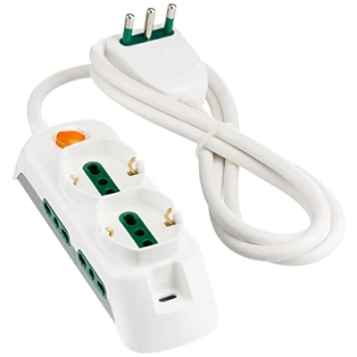 Immagine di Vimar FP00521.C.B Presa Multipla con Interruttore Luminoso, 2 Prese universali, 4 Biprese Sicury, Bianco, 1.5 metri
