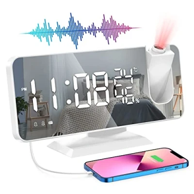 Immagine di ShinePick Sveglia Digitale, Radio da Comodino con Proiettore Rotazione di 180 Doppio Allarme Snooze 6 Luminosità 12/24H Temperatura Umidità, FM Radiosveglia LED Porta USB per Letto, Bianca