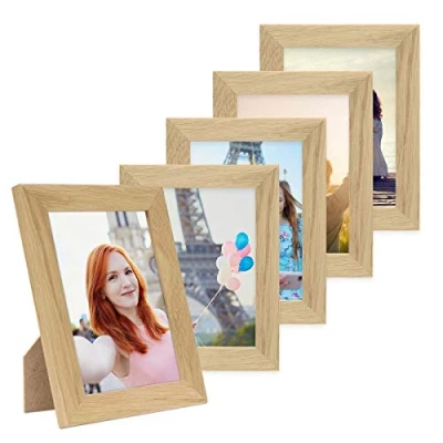 Immagine di PHOTOLINI cornici 10x15 cm legno rovere massiccio, set di 5 larghe, moderne, plexiglass infrangibile, da tavolo o parete, accessori extra per una parete dal look raffinato