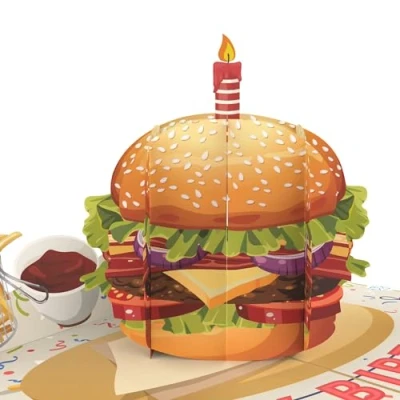 Immagine di MOKIO® biglietto Compleanno Pop Up Hamburger con Candela divertente di auguri 3D per un compleanno, come buono o regali in denaro