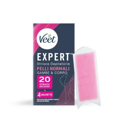 Immagine di Veet Expert Strisce Depilatorie Ceretta Gambe e Corpo per Pelli Normali con Burro di Karitè, 20 (10x2 Strisce) + 4 Salviette Post Epilazione Olio D&#039;Argan