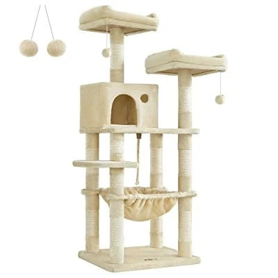Immagine di Feandrea Albero per Gatti Alto 143 cm, Tiragraffi Gatti, con 11 Pali Graffiatoi, 2 Posatoi, 1 Grotta, Amaca, Pompon, in Peluche a più Livelli, Beige PCT15BE