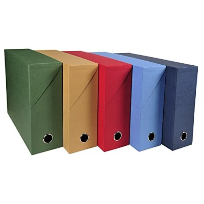 Immagine di Exacompta Rif. 89520E Cartone da 5 scatole trasferibili in carta telata, dorso 90 mm, con occhiello metallo, per formato A4, dimensioni 25,5 x 34 9 cm, colori assortiti