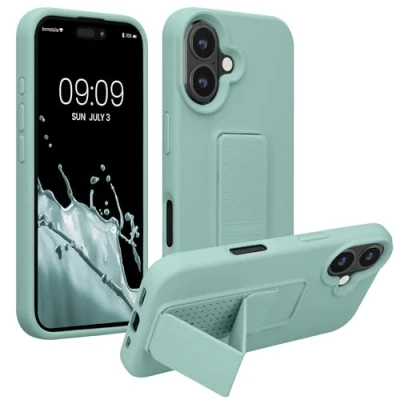 Immagine di kwmobile 1x Custodia Compatibile con Apple iPhone 16 Cover Supporto Dita Back Case per Smartphone Protezione Gommata menta