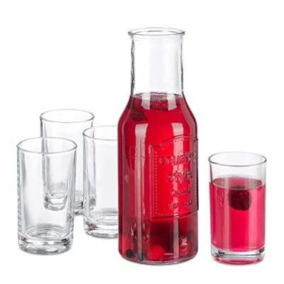 Immagine di Relaxdays Caraffa in Vetro con 4 Bicchieri, Set Cucina e Tavola, Bottiglia 1,5 Litro, Senza Tappo, Brocca, Trasparente