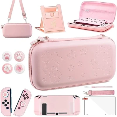 Immagine di OLDZHU Kit accessori 10 in 1 per custodia da viaggio rosa compatibile con Nintendo Switch,Include Cover Protettiva Rosa,Supporto regolabile,Pellicola HD,4 Copri Levette Analogiche