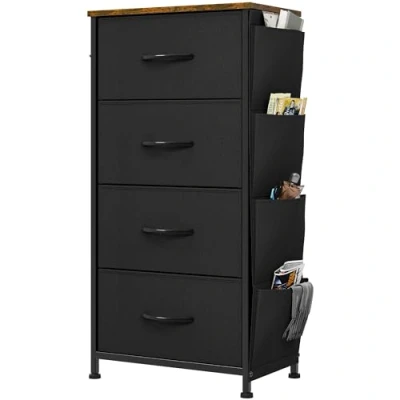 Immagine di YITAHOME Cassettiera in tessuto con tasche laterali, ganci, armadietto 4 cassetti, per Corridoio, vano contenitore soggiorno, camera da letto, cameretta dei bambini,nero
