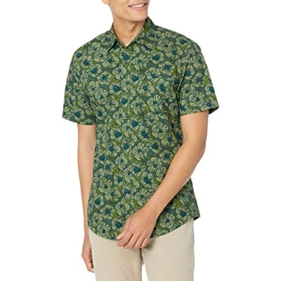 Immagine di Amazon Essentials Camicia con Stampa a Maniche Corte Slim Uomo, Verde Oliva Fiori di Ibisco, XXL