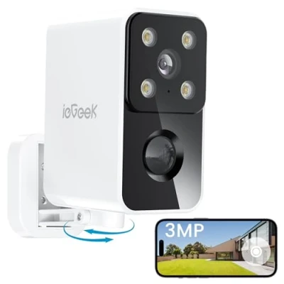 Immagine di ieGeek Rotazione 180 Gradi Telecamera Wi Fi Esterno Senza Fili, 2K Videocamera Batteria Interno con Visione Notturna a Colori, Rilevazione di Movimento PIR, Allarme, Audio 2 Vie, Locale/Cloud, S3