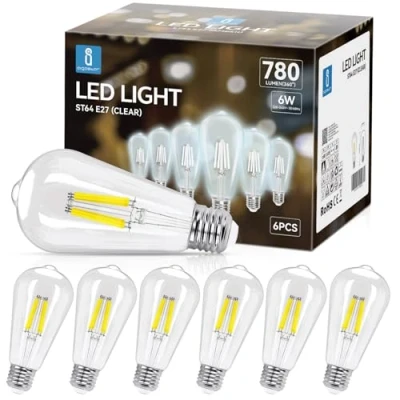 Immagine di Aigostar Filamento Lampadine Led E27 Luce Fredda 6500K,6W Equivalenti a 58W,780Lm,ST64 Stile Vintage, Non Dimmerabile, Pacco da 6 Pezzi