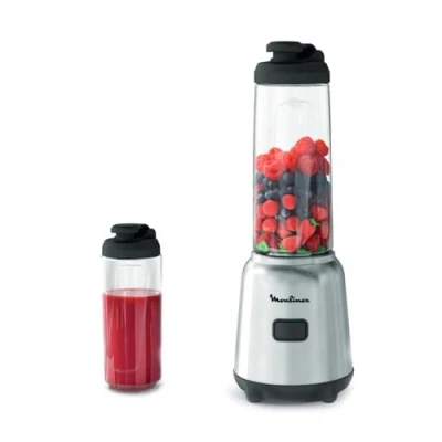 Immagine di Moulinex Mix&amp;Move Mini Frullatore Portatile, 2 bottiglie 600 ml, 300 W, Design Compatto, Lame Rimovibili, Smoothie con Controllo Semplice, Argento, LM15FD