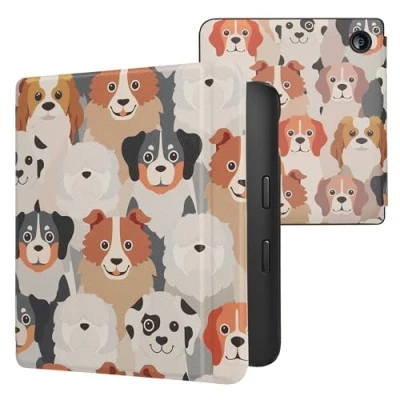 Immagine di kwmobile Custodia eReader Compatibile con Kobo Libra 2 Cover eBook Reader Flip Case bianco/marrone chiaro/grigio Cani