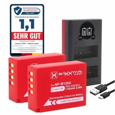 Immagine di Baxxtar Pro NP W126s W126 Batteria 2x + Caricatore Mini 18612 LCD DUAL (ingresso USB C e MicroUSB) Fuji X M5 X100VI S10 T20 T30 II T5 T50 ecc.