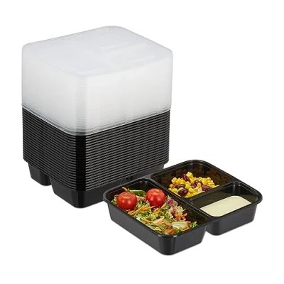 Immagine di Relaxdays Meal Prep Contenitori, Set 24 Lunch Box a 3 Scomparti, Scatola Riutilizzabile con Coperchio, Microonde, Nero, 4,5 x 21,5 18,5 cm