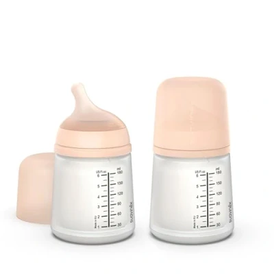 Immagine di Suavinex, confezione da 2 biberon anticolica Zero Zero, tettarella flusso adattabile (A) in silicone, +0 mesi e neonati, per allattamento al seno, latte materno artificiale, 180 ml, Fair