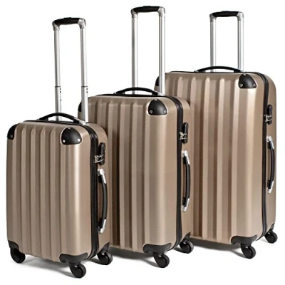 Immagine di TecTake® Set Valigie Trolley Rigide, 3 Pezzi, Grande, Medio, Bagaglio a Mano, Ruote Girevoli 360, Struttura ABS Robusta, Maniglie Telescopiche in Alluminio Champagne