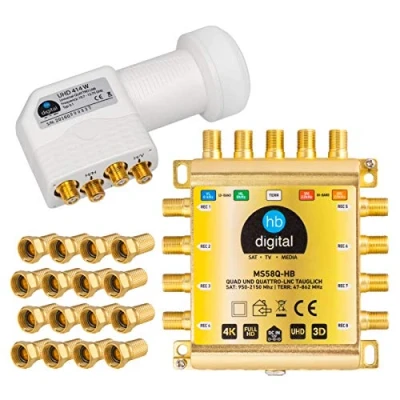 Immagine di HB DIGITAL DVB S/S2 Multiswitch 5/8 + Quattro LNB UHD 414 W bianco 24 connettori F dorati per 1 SAT, 8 partecipanti Quad incl. alimentatore di rete MS58Q FullHD 4K