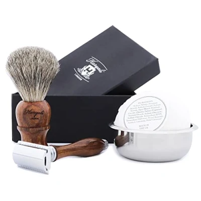 Immagine di 4 Pieces in Legno Set da Barba UOMO il Inclusi Nero Tasso Spazzola Capelli, De Rasoio di Sicurezza, Acciaio Inox Ciotola &amp; Sapone