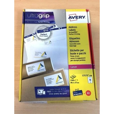 Immagine di Avery L 7173 250 etichette per indirizzi, stampanti Laser, 99,1 x 57 mm, etichette, 10 foglio di formato A4, fogli, colore: bianco