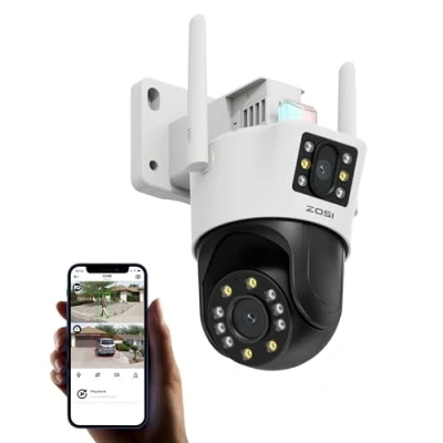 Immagine di ZOSI 6MP (4MP+2MP) Telecamera Wi Fi Esterna con Dobbio Obiettivo, Pan 355 Tilt 140, Rilevamento di Persone/Veicoli, Audio Bidirezionale, Faretti e Sirena, C298 SE