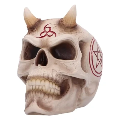 Immagine di Nemesis Now 666 Statuetta a forma di teschio, 20 cm, resina, osso, design esclusivo James Ryman, ornamento teschio 666, regalo gotico, fuso in resina alta qualità, sapientemente