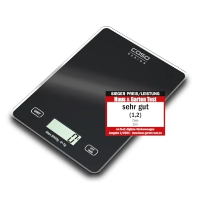 Immagine di CASO Bilancia da cucina sottile, grande superficie in vetro, funzionamento con sensore touch, pratica funzione tara, di peso preciso fino a 5 kg, suddivisione esatta 1 g