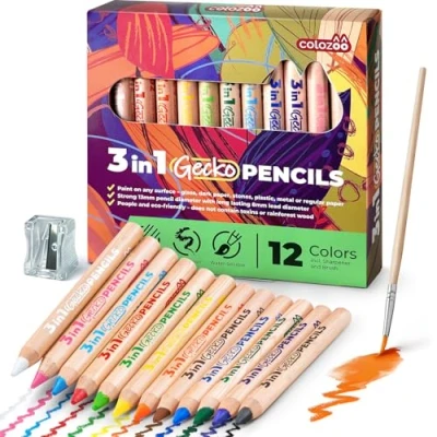 Immagine di colozoo matite 3 in 1 set Da 12 Colori Con Pennello e Temperamatite Inclusi Atossici Vegan Per Tutti A Partire I Anni Di Età
