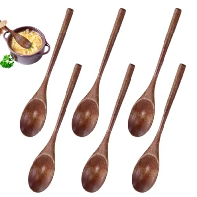 Immagine di Cucchiaio Di Legno, 6 Pezzi Utensile Da Cucina in Stile Giapponese Manico Lungo Nanmu Cucchiai Zuppa Legno Set Per Mangiare Mescolando Agitare Con Scatola